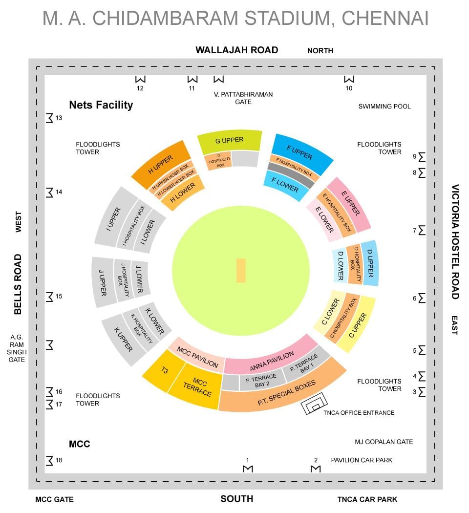 Chepauk standuri stadion layout hartă
